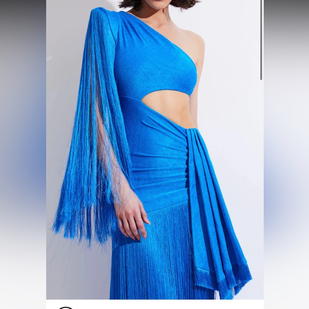 PATBO - FRINGE TRIM ONE SHOULDER MAXI DRESS - COBALT
